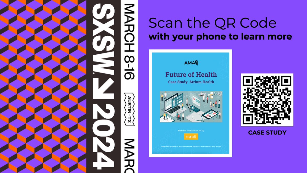 "Future of Health" - scan QR code to download our case study <a href="/AmerMedicalAssn/">AMA</a>:

1⃣ Blueprint for optimizing digitally enabled care
2⃣ Framework for measuring value of #digitalhealth &amp; #virtualcare 
3⃣ Our Hospital @ Home program care model

#SXSW2024 #SXSW #HIMSS24 <a href="/sxsw/">SXSW</a>