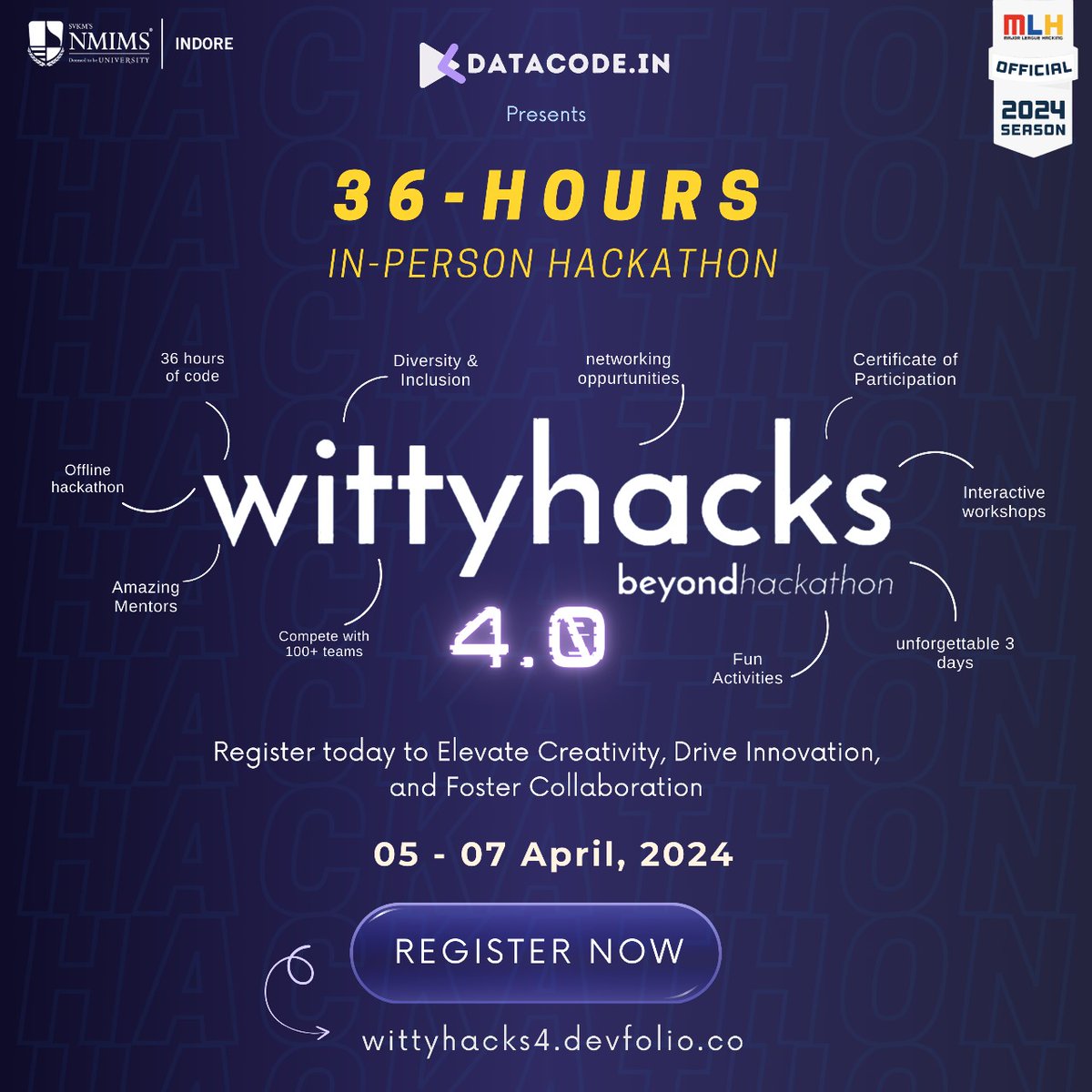 🚀 Ready to hack your way to greatness? Join us for Wittyhacks 4.0, Central India's premier 36-hour offline hackathon, happening on 5-7 April 2024 in India's cleanest city Indore. Secure your spot now at wittyhacks4.devfolio.co @Datacode_in @wittyhacks
