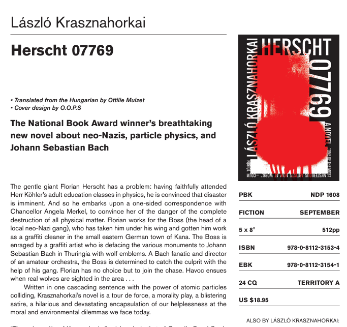 New Krasznahorkai novel, HERSCHT 07769 512 pgs, September (god bless @caringerel)