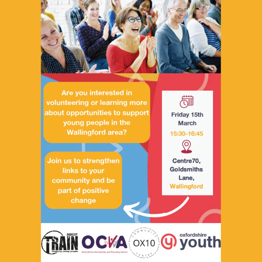 Are you a young person or interested in supporting young people in Wallingford?  

All welcome to come to this free event on Friday @ Centre 70 to find out more:   

@OxYouth @volunteeroxon @_ocva @DidcotTRAIN

#LoveWallingford #Community #Volunteering #Resilience