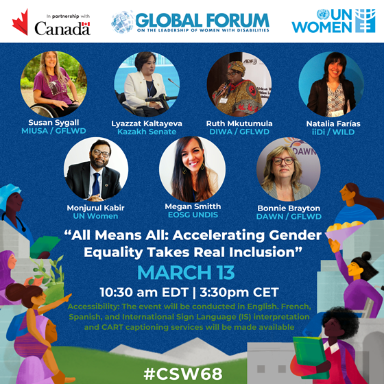 DAWNRAFHCanada's tweet photo. Calling all advocates for #genderequality and #disabilityinclusion! March 13, join us at #CSW68 for a dynamic panel discussion co-hosted by DAWN Canada, #GFLWD, @UN_Women and @GAC_Corporate. Register now: https://t.co/2ge8hC6oAe https://t.co/ME8iN5Yui9