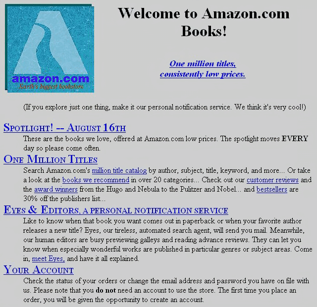 genteEGB's tweet photo. En este repaso de webs clásicas por el #web35 no podemos olvidar Amazon. Empezó en 1994 como una una web de venta de libros y mira ahora... 

Imágenes: Su primera web de 1995, otra de 1997 y, la última, más "moderna" de 1998 https://t.co/EJL0T3IXF8