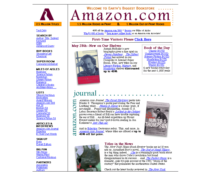 genteEGB's tweet photo. En este repaso de webs clásicas por el #web35 no podemos olvidar Amazon. Empezó en 1994 como una una web de venta de libros y mira ahora... 

Imágenes: Su primera web de 1995, otra de 1997 y, la última, más "moderna" de 1998 https://t.co/EJL0T3IXF8