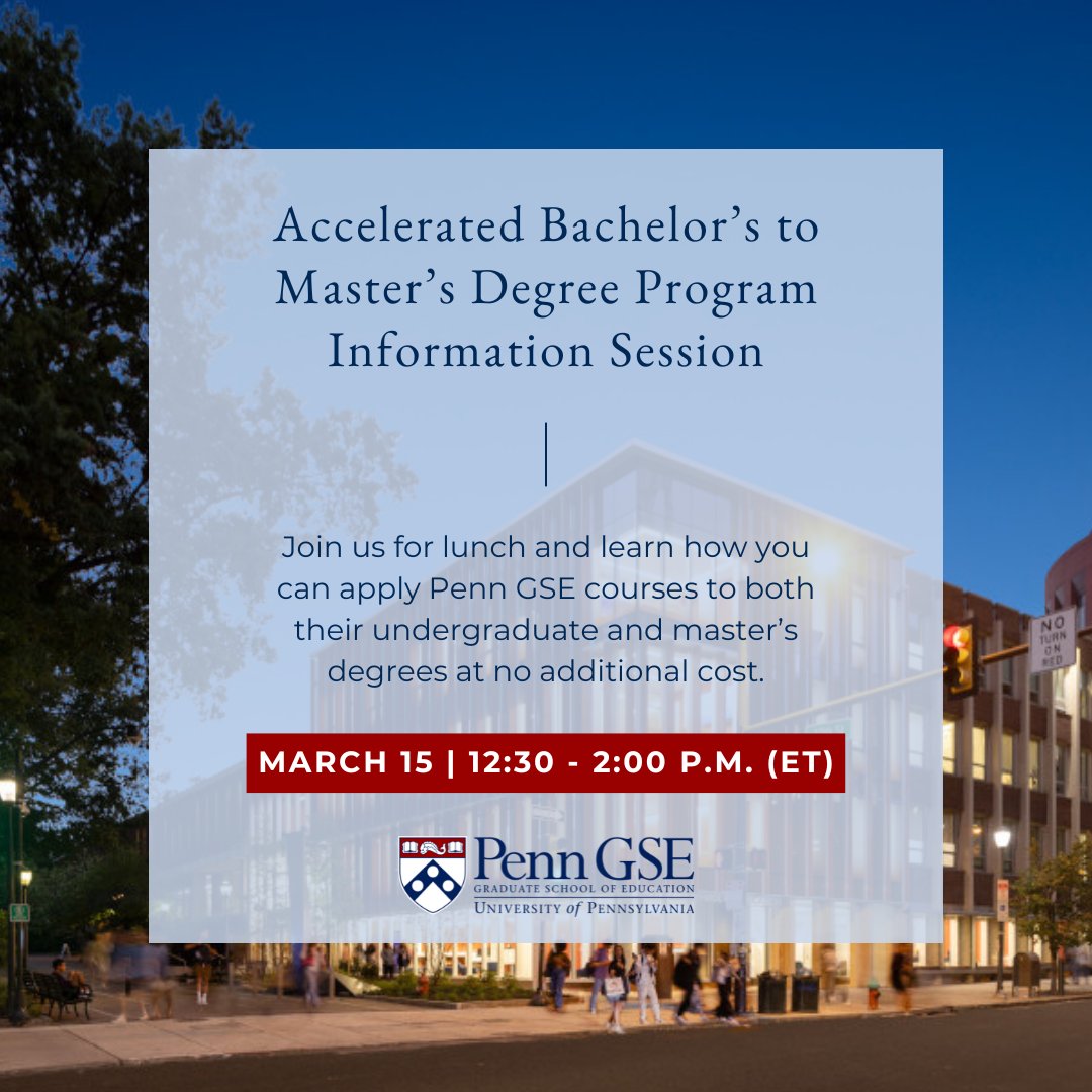 Calling @penn undergrads: Join our Admissions team for lunch Friday, 12:30-2 pm, and learn more about #PennGSE's Accelerated Program that allows you to apply Graduate School of Education courses to both your Penn undergrad degree and a GSE master’s degree. penng.se/43cYHCY