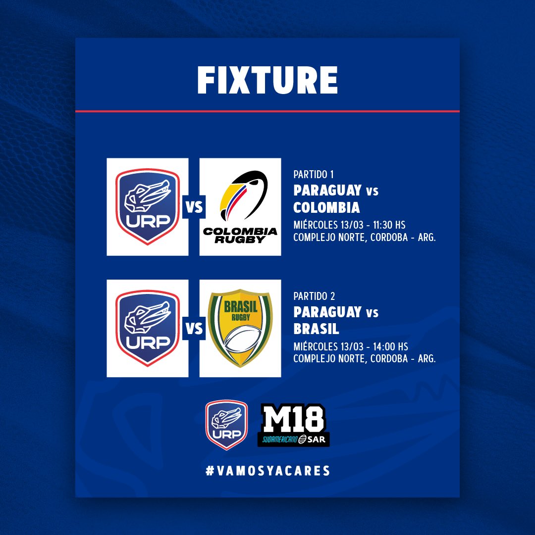 #JuegaParaguay | El Fixture del primer día de competencia de los Yacares en el Sudamericano M18 💪🏼 👉🏼 Mañana nos enfrentamos a Colombia y Brasil. 📍 Complejo El Norte - Rio Segundo, Cordoba. ¡Vamos Paraguay! 🇵🇾