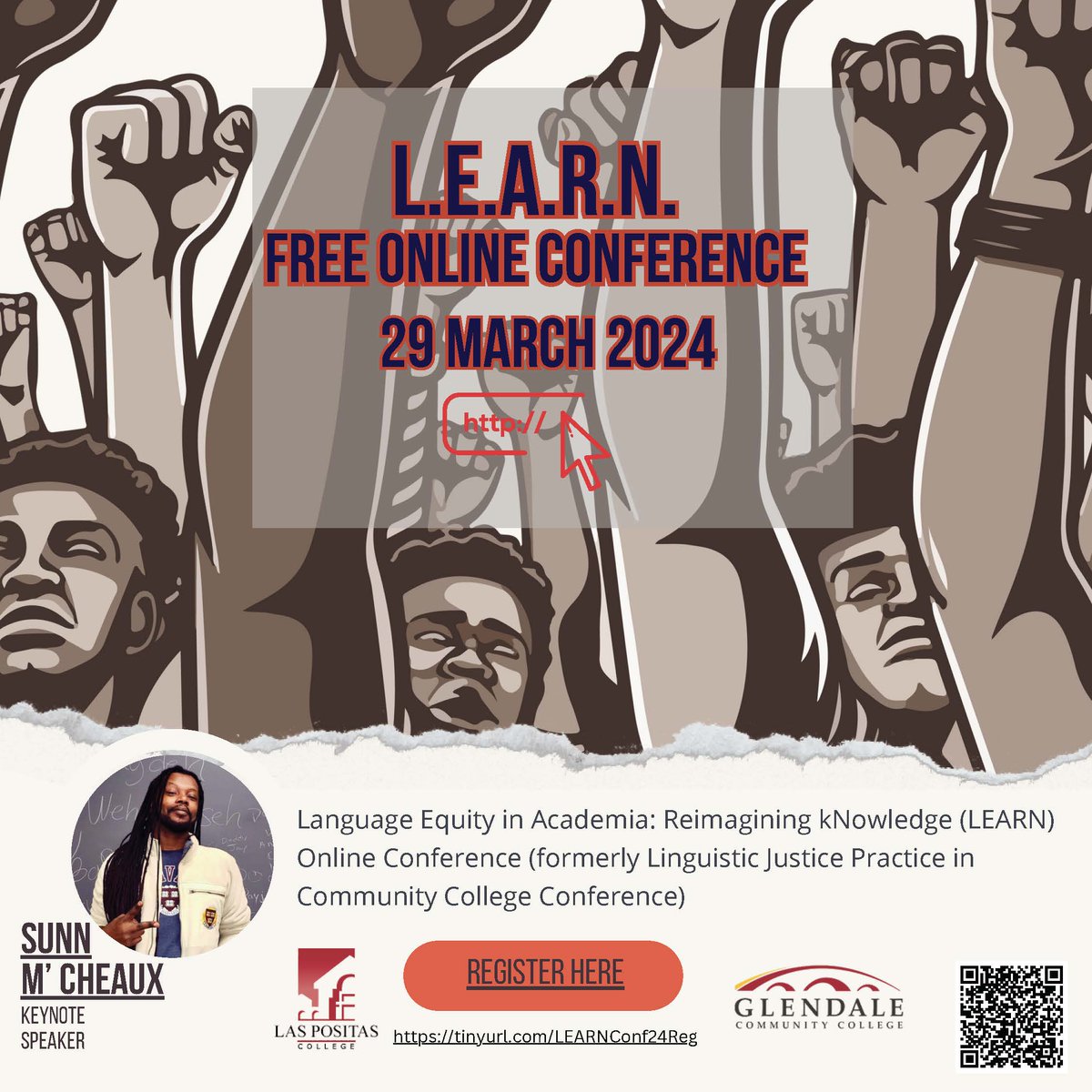 This is it, y'all! For the THIRD year in a row, we're calling out standard English as the marker of intelligence and academic success in our FREE, online conference on March 29, 9-4:30, Zoom, with  🔥 keynote <a href="/sunnmcheaux/">Sunn m'Cheaux</a> @gccpio <a href="/CalCommColleges/">California Community Colleges</a>  #linguisticequity #lje
