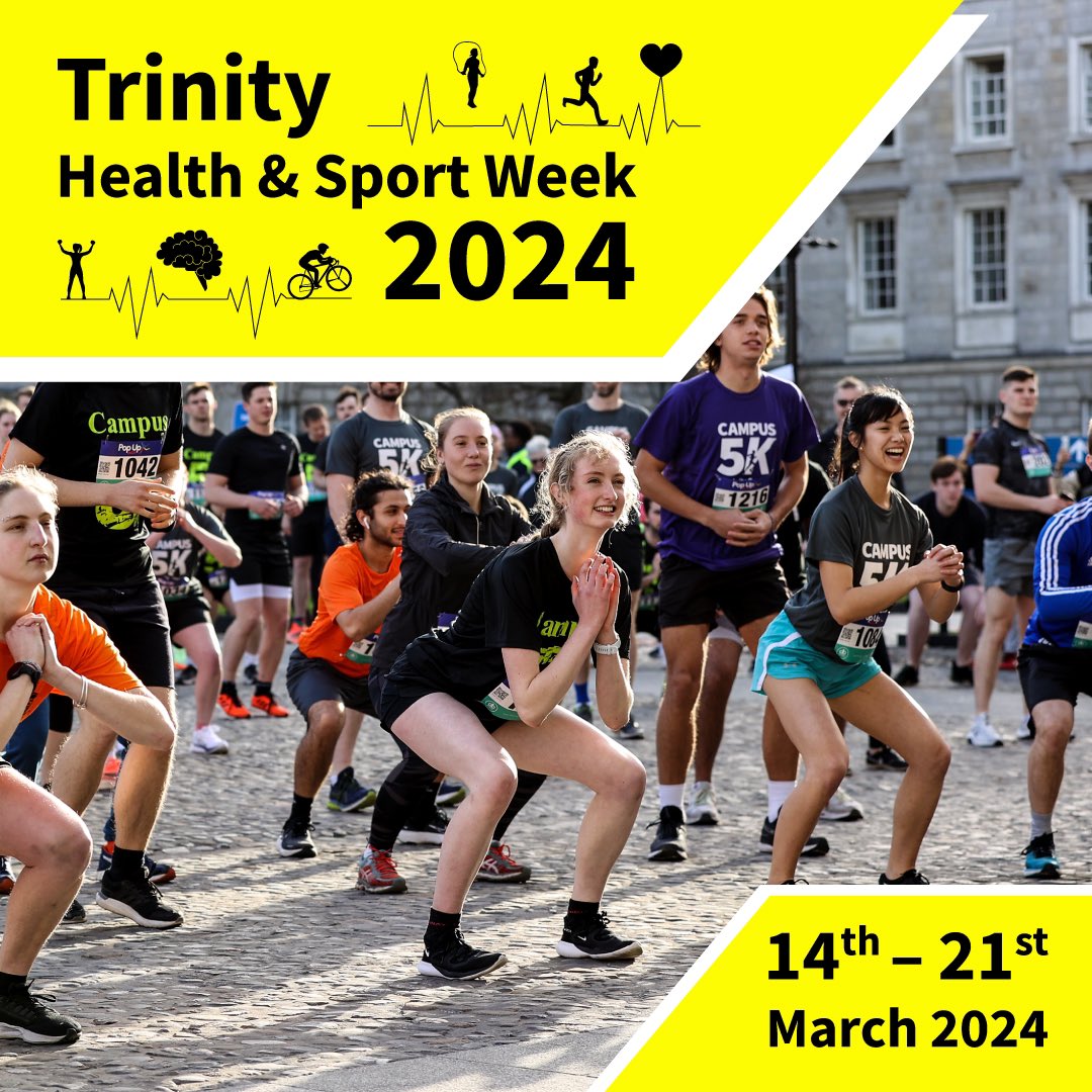 Health and Sport Week 2024 is taking place from the 14th - 21st March @tcddublin 🧘🏼‍♀️⚽️🤸🏽‍♀️🏊🏼‍♀️🏋🏾 We’re continuing the #GreenWeek theme of #HealthyPlanetHealthyPeople and have loads of events planned, get involved! 👉🏻 tcd.ie/healthytrinity… #HealthandSportWeek2024 #TrinityontheMove