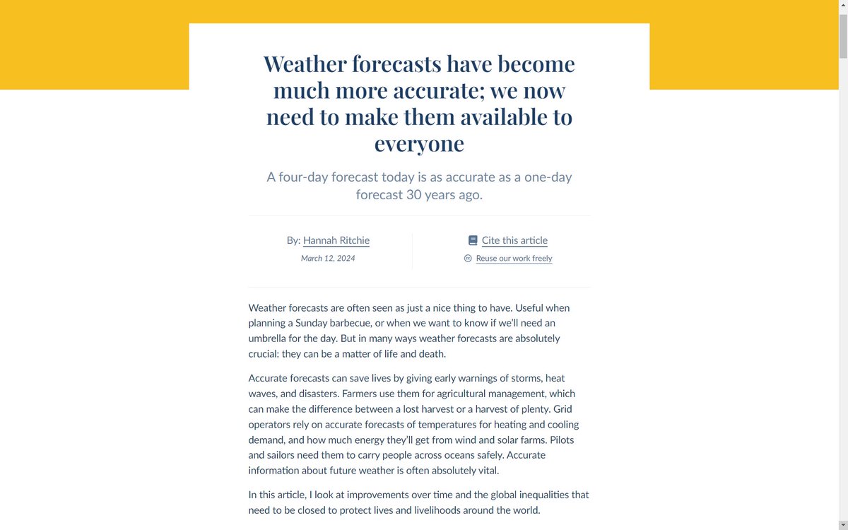 Have been saying about this for a while... weather forecasting around the world (including by IMD in India) has improved significantly over the past 1-2 decades - thanks to better instruments, computing power, algorithms and processes. ourworldindata.org/weather-foreca… @OurWorldInData