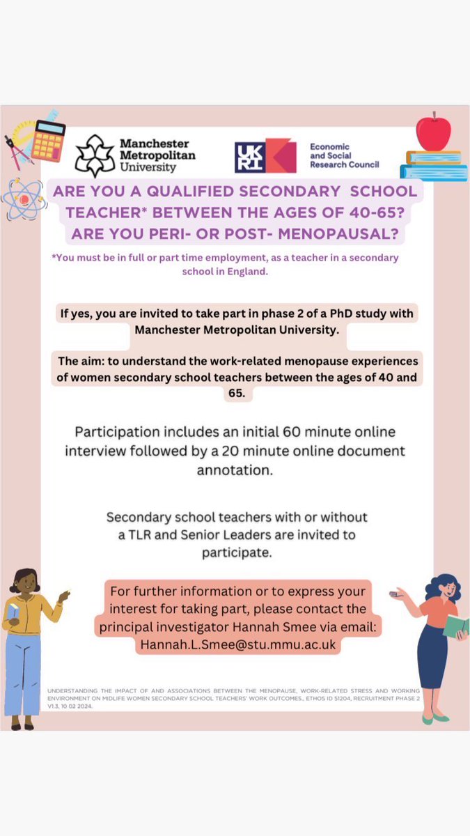 I’m about half way into my interviews and I would love to hear more diverse teacher experiences around the menopause! -Are you a member of SLT aged between 40 & 65? -Do you identify as peri-/post-menopausal? If so I would love to interview you for my research! 1/2