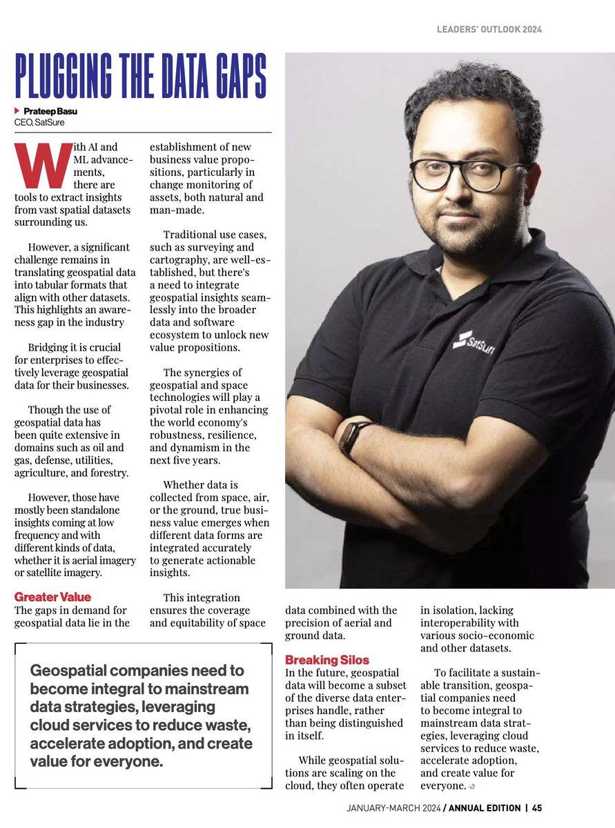 SatSure founder & CEO @pbasu_space shares his 2 cents on how the larger #geospatial industry has to break through silos and become a part of the mainstream data ecosystem of enterprises to truly enable value creation! @geoworldmedia @opengeospatial @sanjaykumar1970 #data #startup