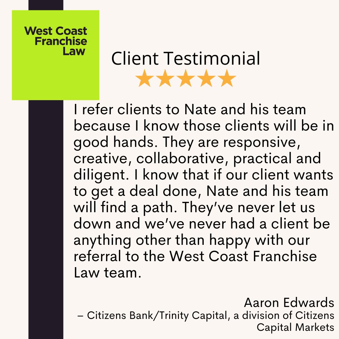 WestCoastFranch's tweet photo. Legal Services for Franchisees
WCFL is with you at every stage of business
We  help franchisees solve problems, cultivate strategic partnerships and identify valuable business opportunities.   #ClientTestimonial

📞Contact Nate Riordan today 206-724-0846 https://t.co/fl78NzMRmi