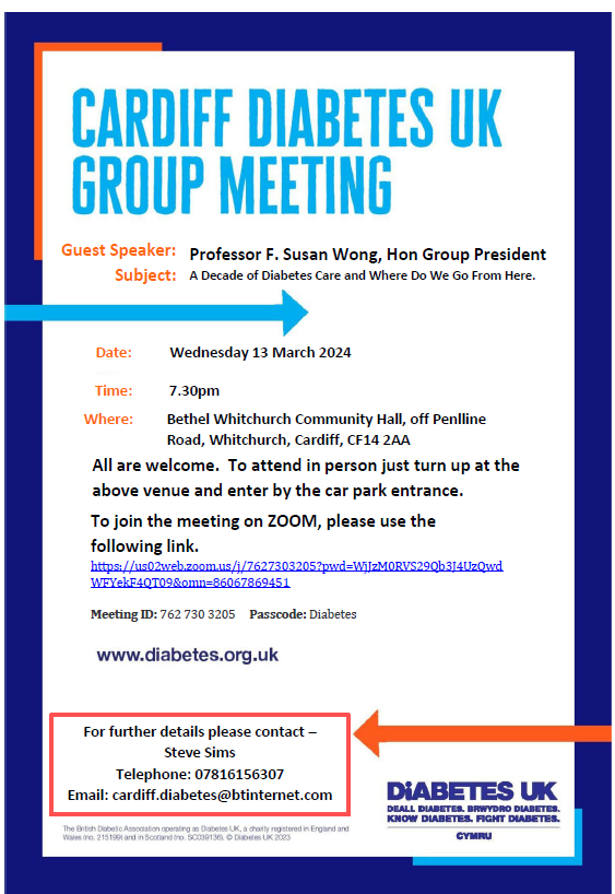 Cardiff Diabetes UK meeting with Professor Susan Wong  Wednesday 13th March 7 30pm <a href="/DiabetesUKCymru/">Diabetes UK Cymru</a>
To join the meeting on ZOOM, please use the following link.  

 us02web.zoom.us/j/7627303205?p…