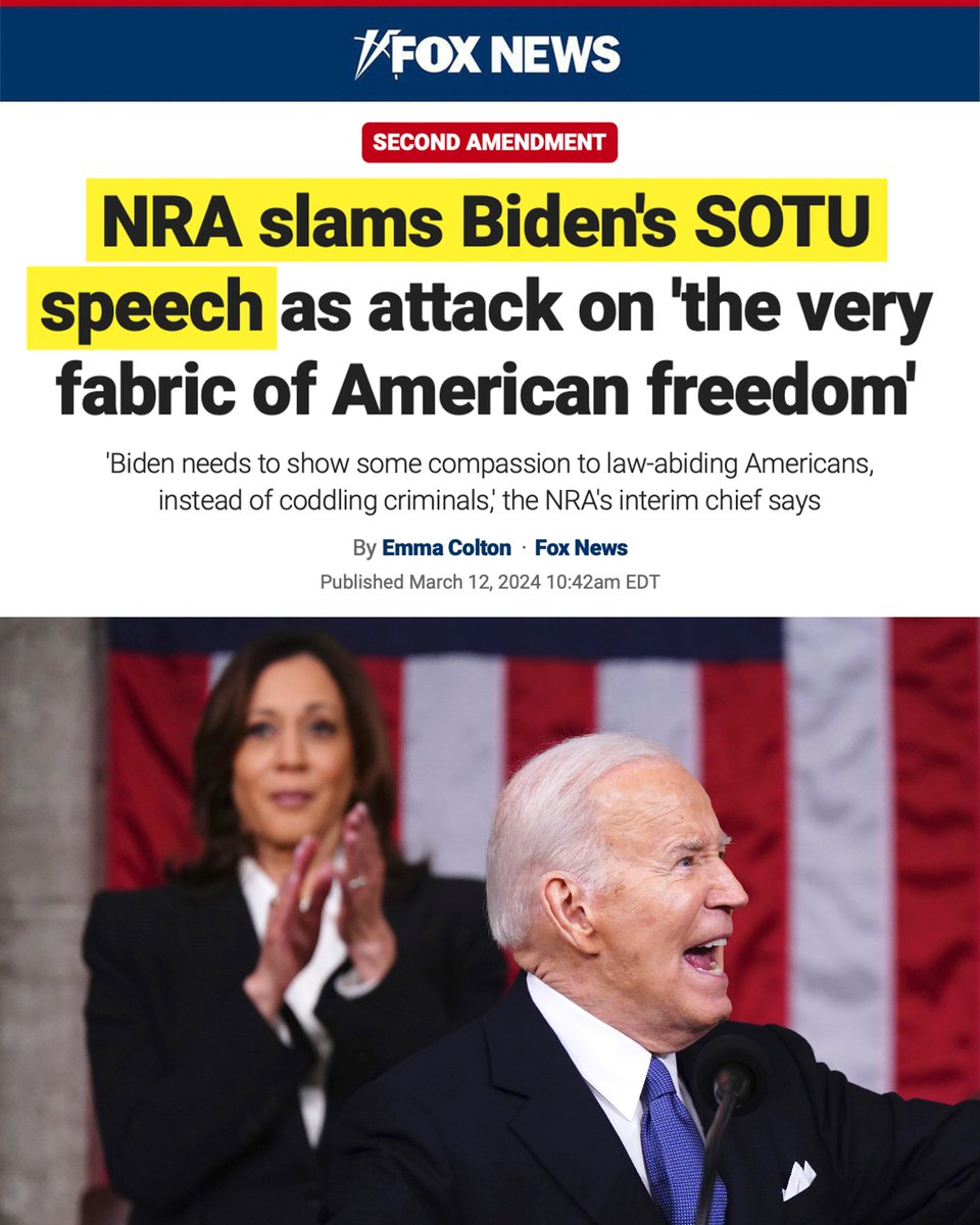 'By singling out the NRA, @JoeBiden is belittling millions of lawful Americans. He claims his policies will not infringe on the 2nd Amendment. That's, in his words, malarkey.' 

Read NRA Interim CEO Andrew Arulanandam's interview with @EmmColt/@FoxNews ➡️nra.wiki/sotu