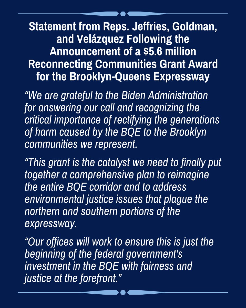 My statement with @RepJeffries and @NydiaVelazquez following the announcement of a $5.6 million Reconnecting Communities Grant Award to advance visioning of the BQE: