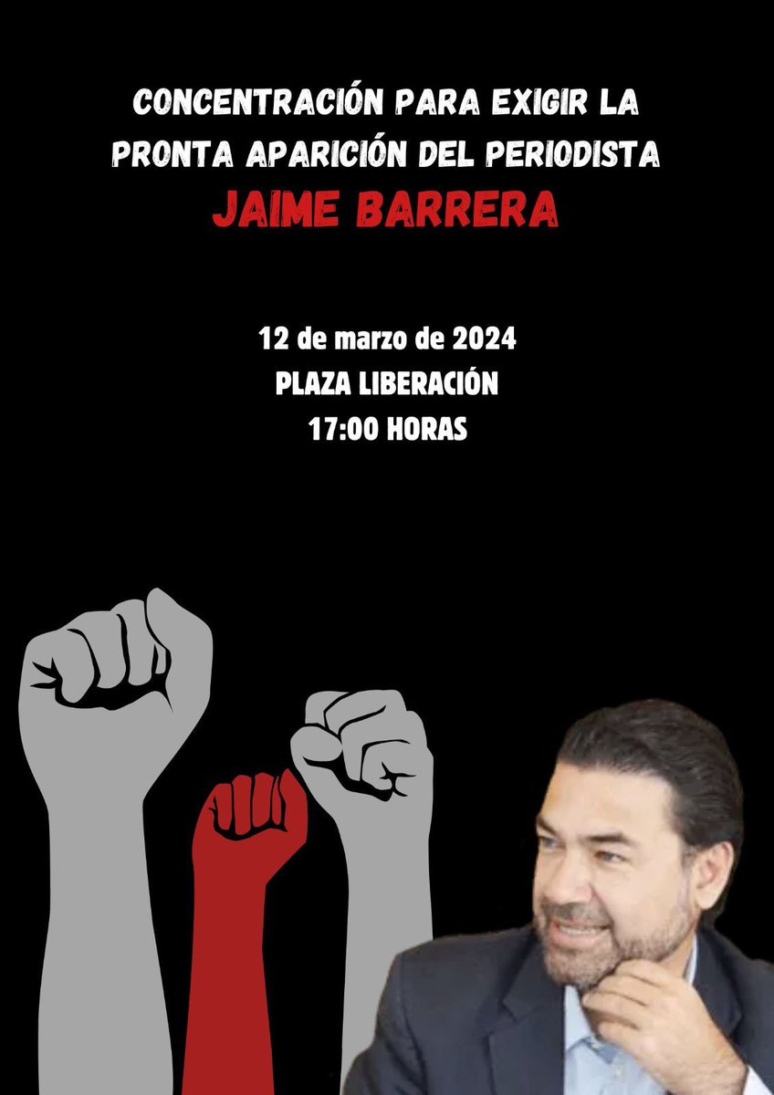 imdecac's tweet photo. 📍#CONCENTRACIÓN Hoy 5 pm #PlazaLiberación #Guadalajara| Para exigir la aparición con vida del periodista Jaime Barrera @jbarrera4

Es muy importante seguir compartiendo su ficha de búsqueda, para su localización. 

¡Lo queremos de vuelta en su labor periodística! 🙌🏽 https://t.co/yRODpbjnjj