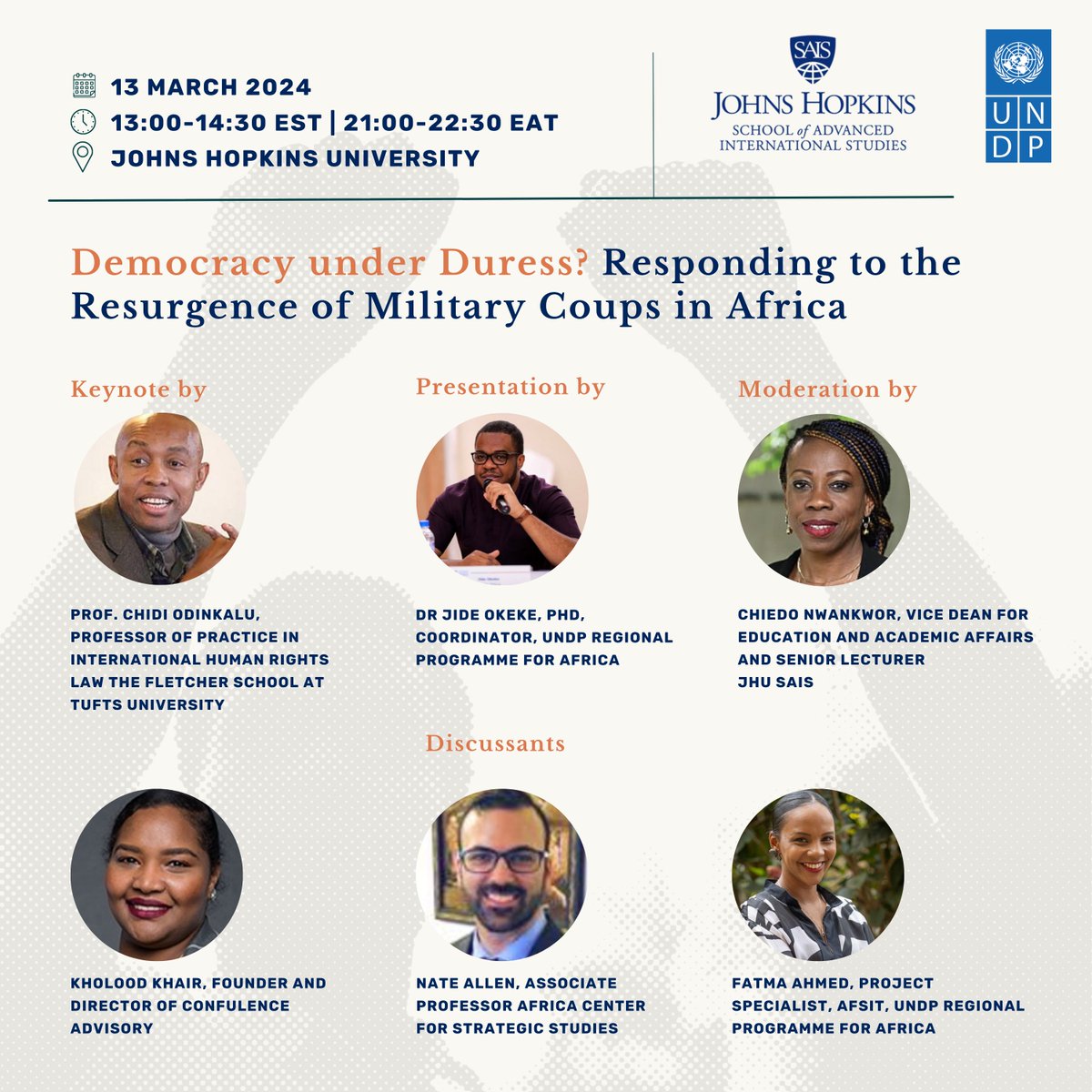 📢 Up next on the #SoldiersAndCitizens agenda: an exclusive event hosted by @SAISHopkins will focus on the drive for democratic renewal in Africa.

🧐 Follow the conversation here with @_FatmaAhmed, @jmartyns, @KholoodKhair, @NateDFAllen & others. 

#AFSIT 
#InclusiveTransitions