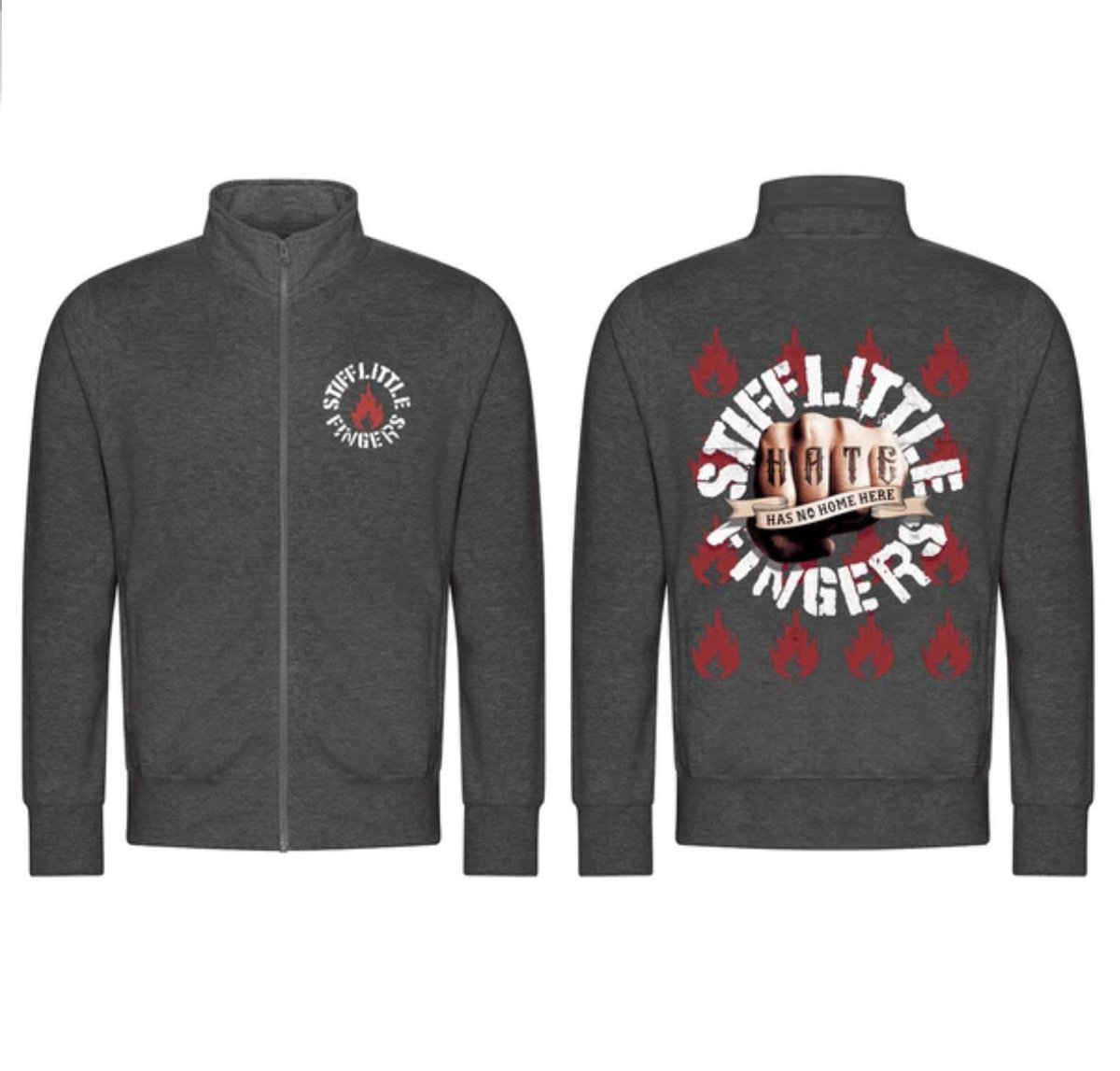 Here's the new SLF track jacket. It's available at the merch table at gigs on our current tour, printed on black. The version we're printing for the online store will be printed on charcoal and will ship April 1. Enjoy! stiff-little-fingers-uk.myshopify.com/collections/cu…