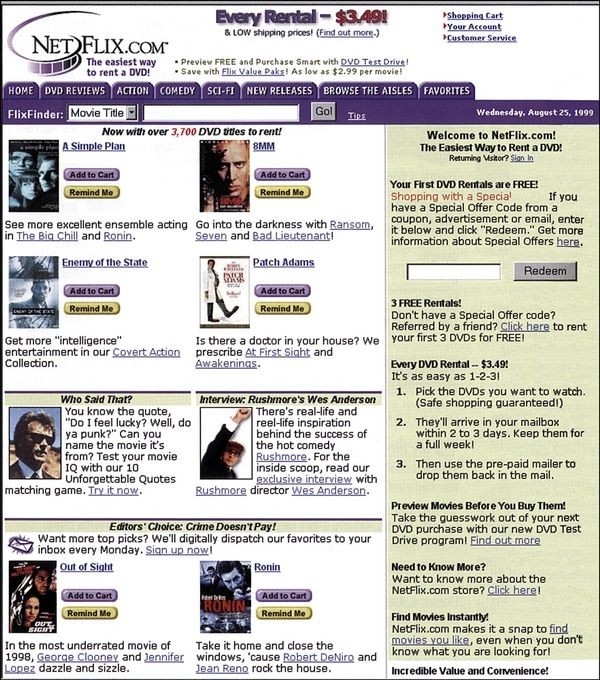 genteEGB's tweet photo. Así era la web de Netflix en 1999; empezó alquilando  DVDs 😮

#web35 https://t.co/W0BzBJUByL
