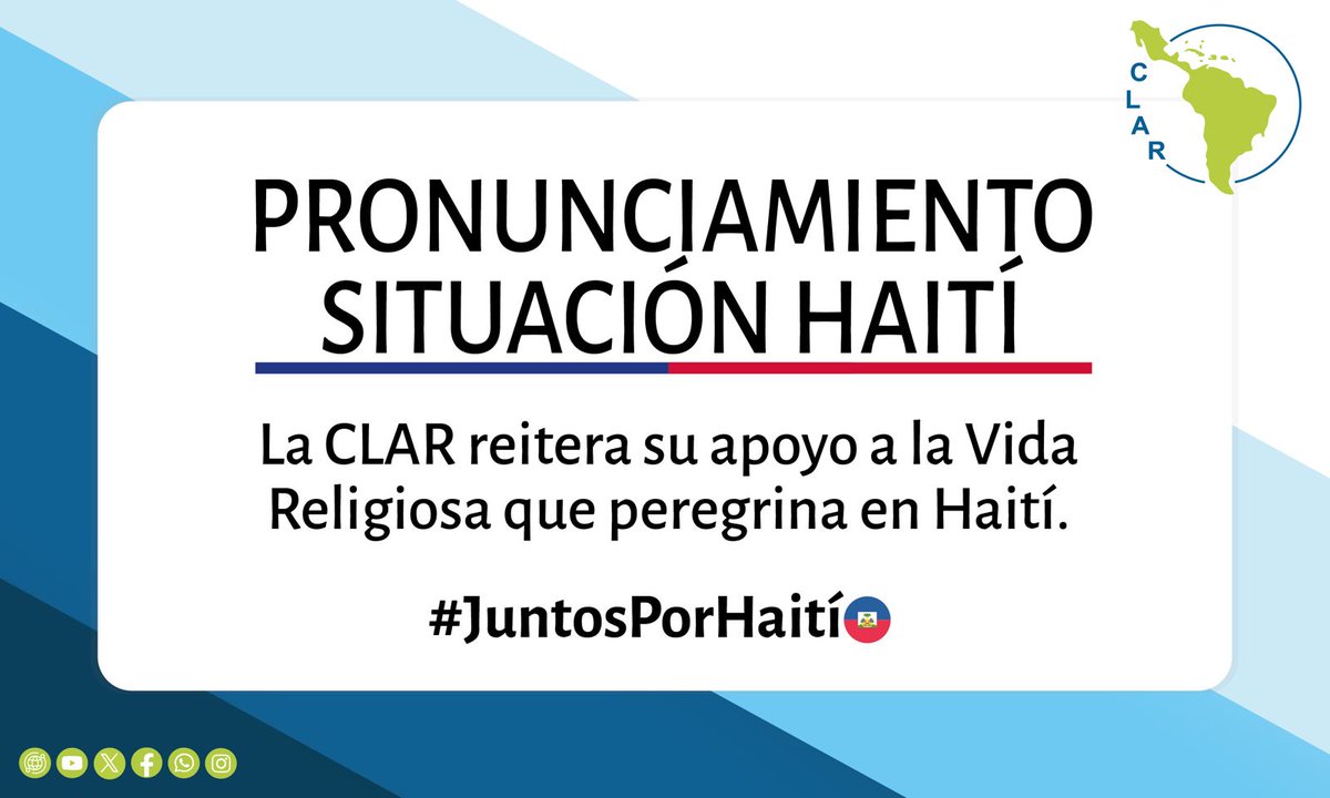 Nos unimos a todas/os los que claman porque cese la violencia y se recupere la institucionalidad que haga posible la democracia y el respeto de los derechos. 👉🏻Pronunciamiento de la @clar_vr disponible en clar.org #JuntosPorHaití 🇭🇹