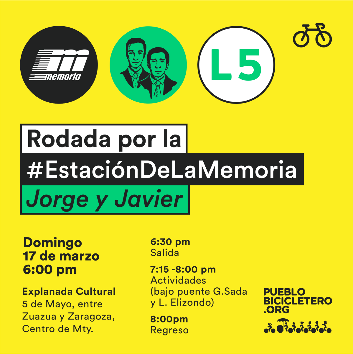 somosbicibles's tweet photo. Este 17 de marzo te invitamos a la Rodada por la #EstaciónDeLaMemoria Jorge y Javier . Se conmemoran 14 de años de su asesinato y nos unimos a las actividades que habrá el fin de semana en su honor. https://t.co/oZ7j2qWZ7Z