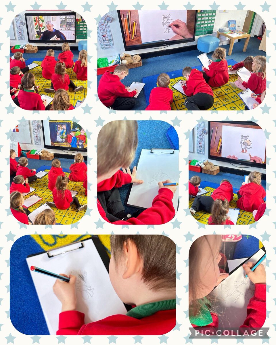 IA 3.1 Dosbarth Palm learnt how to draw with @Axel_Scheffler We listened to Axel reading from his new book “Treasury of Fairy Tales” and then the children followed Axel’s steps to draw “Puss in boots” We have some very talented artists in class.