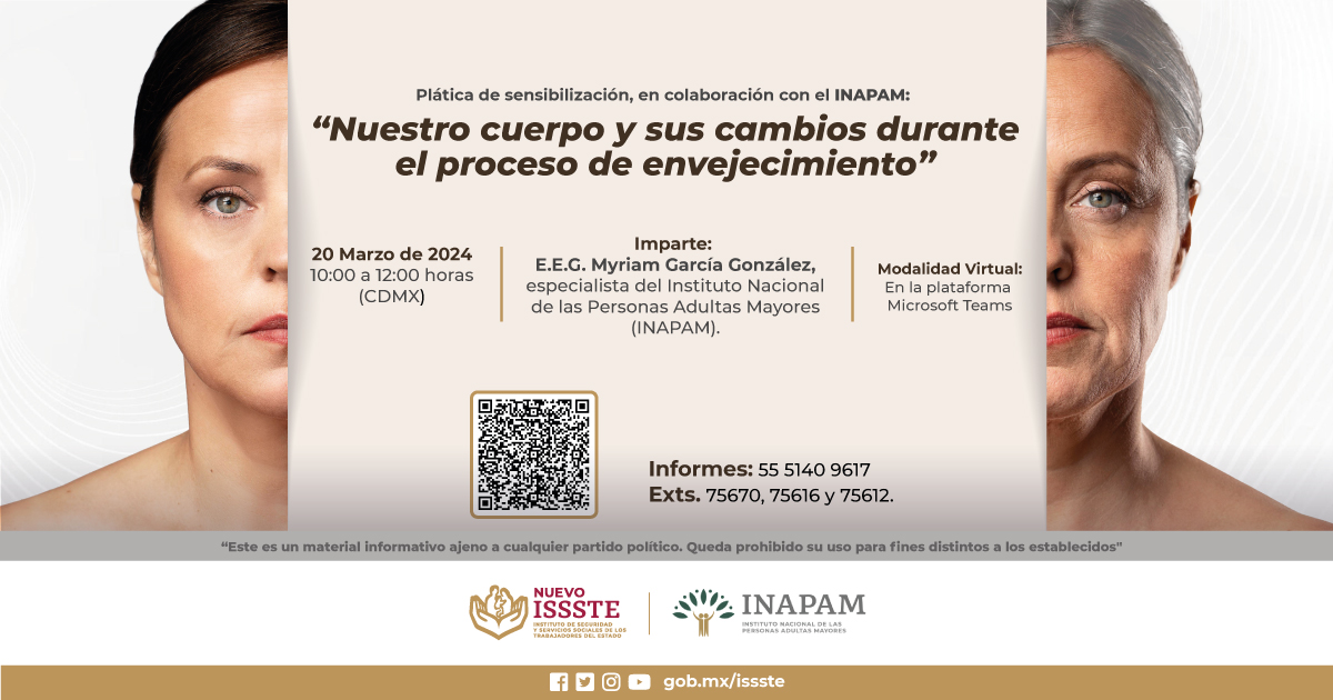 ISSSTE_mx's tweet photo. 👩🏽‍🦳 Te invitamos a participar en la plática "Nuestro cuerpo y sus cambios durante el proceso de envejecimiento".
Únete este 20 de marzo en 🔗 https://t.co/TtM5xFZrns
#Envejecimiento #CEAAM #PersonasMayores #INAPAM https://t.co/HvNJawCR9C