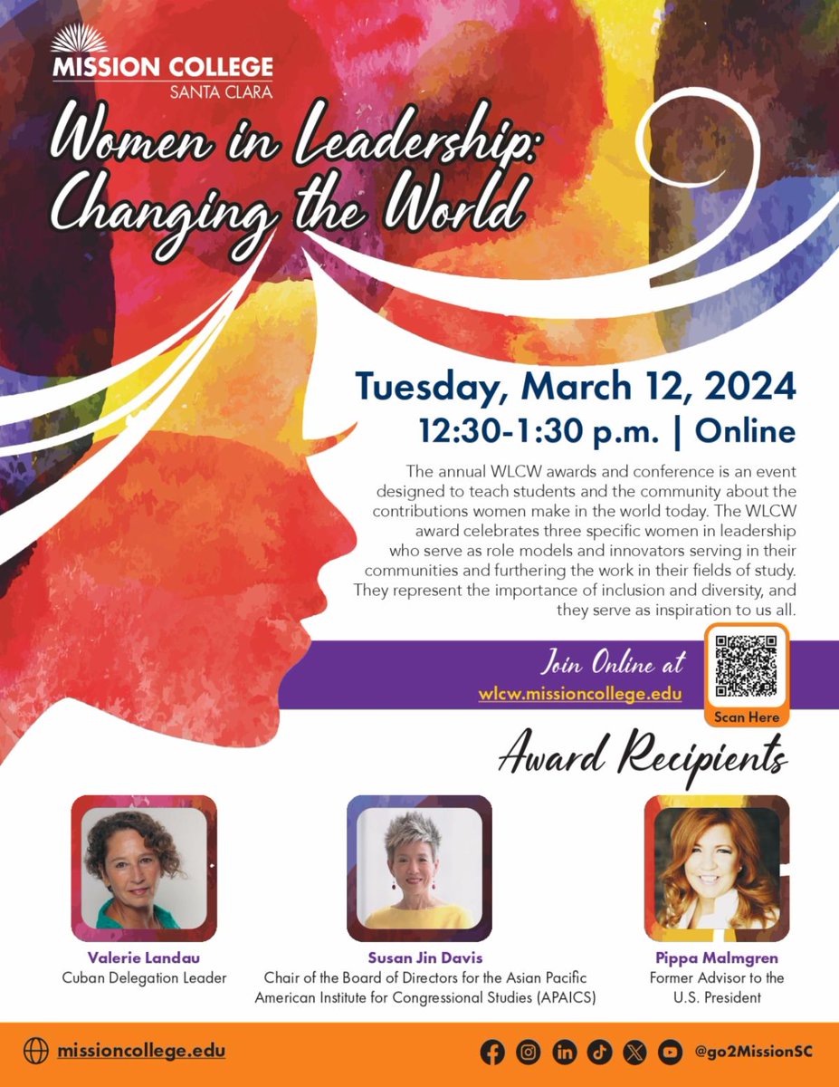 🌟 Join us for Mission College’s Women in Leadership celebration! 🌟 Date: Today, March 12 Time: 12:30 - 1:30 p.m. Location: Online at missioncollege.edu/wlcw Let's honor and recognize the incredible achievements of women who have left a lasting impact on the world .