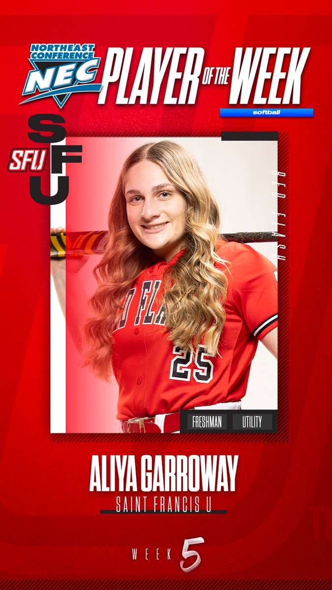 🏅 Official #NECsoftball Player of the Week

👉 Aliya Garroway, <a href="/SFUathletics/">Saint Francis Red Flash</a>

📓 Garroway becomes the 2nd NEC frosh to earn both POW &amp; ROW on the same day. She led SFU past Nebraska for its 5th win vs. a Power Five team in 6 years with a 3-run double in the top of the eighth.