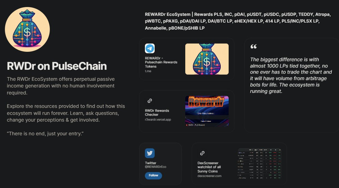 Bot8330's tweet photo. The @REWARDrEco is now on @joinbento! You can find everything you need here pertaining to @dexscreener watchlists to #pulsechain CA's to all of the different #Reward Coins which #RWDr pays out almost every minute.
Here are a fewπ: $PLS, $INC, $pDAI, $pUSDT, $pUSDC, $pUSDP, $TEDDY, $Atropa, $pWBTC, $pPAXG, $pDAI / $DAI, $BEL, $pWETH, $WETH, $DAI, $BTC, $LINK, $DOGE, $MATIC, $PAXG, $SOL, $BNB, $FRAX, $BONK
https://t.co/ZnZF7xfGhU