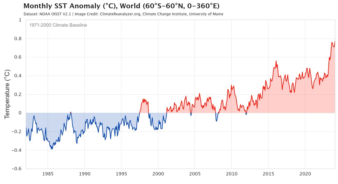 La cartographie des anomalies de la température des océans de janvier et février 2024 est édifiante. Tout comme cette hausse continue et incessante depuis un siècle, qu'on regarde passer comme s'il s'agissait d'un quotidien banal, pendant que nos écosystèmes marins partent en