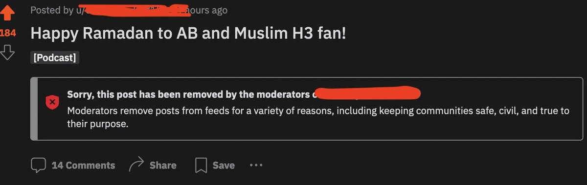 🚨 BREAKING: Ethan Klein is now actively removing posts mentioning Ramadan from his subreddit. A post with well wishes for Ethan's employee Abdullah (AB) was removed immediately.