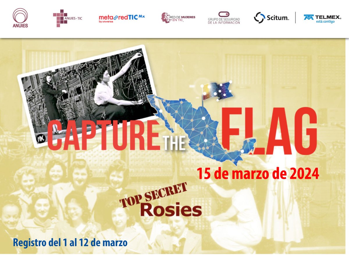 MetaRedMx's tweet photo. Te invitamos a vivir la emoción del Capture The Flag (CTF), diseñado especialmente para mujeres interesadas en incursionar en este apasionante mundo. 

📅 Fecha: 15 de marzo 
📝 Fecha de registro: del 1 al 12 de marzo
🔗 Sitio web: https://t.co/jHChnBL1Hq

 ¡No te lo pierdas! https://t.co/GWM9CY6QAa