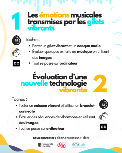 [APPEL À PARTICIPATION] 
Des chercheurs d'un laboratoire de l'<a href="/univ_lille/">Université de Lille</a> mènent une étude sur la perception de la #musique par les vibrations ! 

+ d'infos et contact ici : bit.ly/étudemusiquevi…
