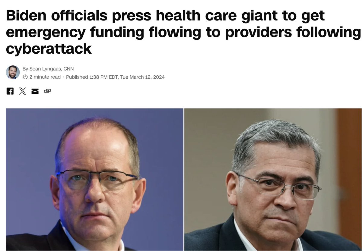 Biden officials press health care giant to get emergency funding flowing to providers following cyberattack  cnn.com/2024/03/12/tec…