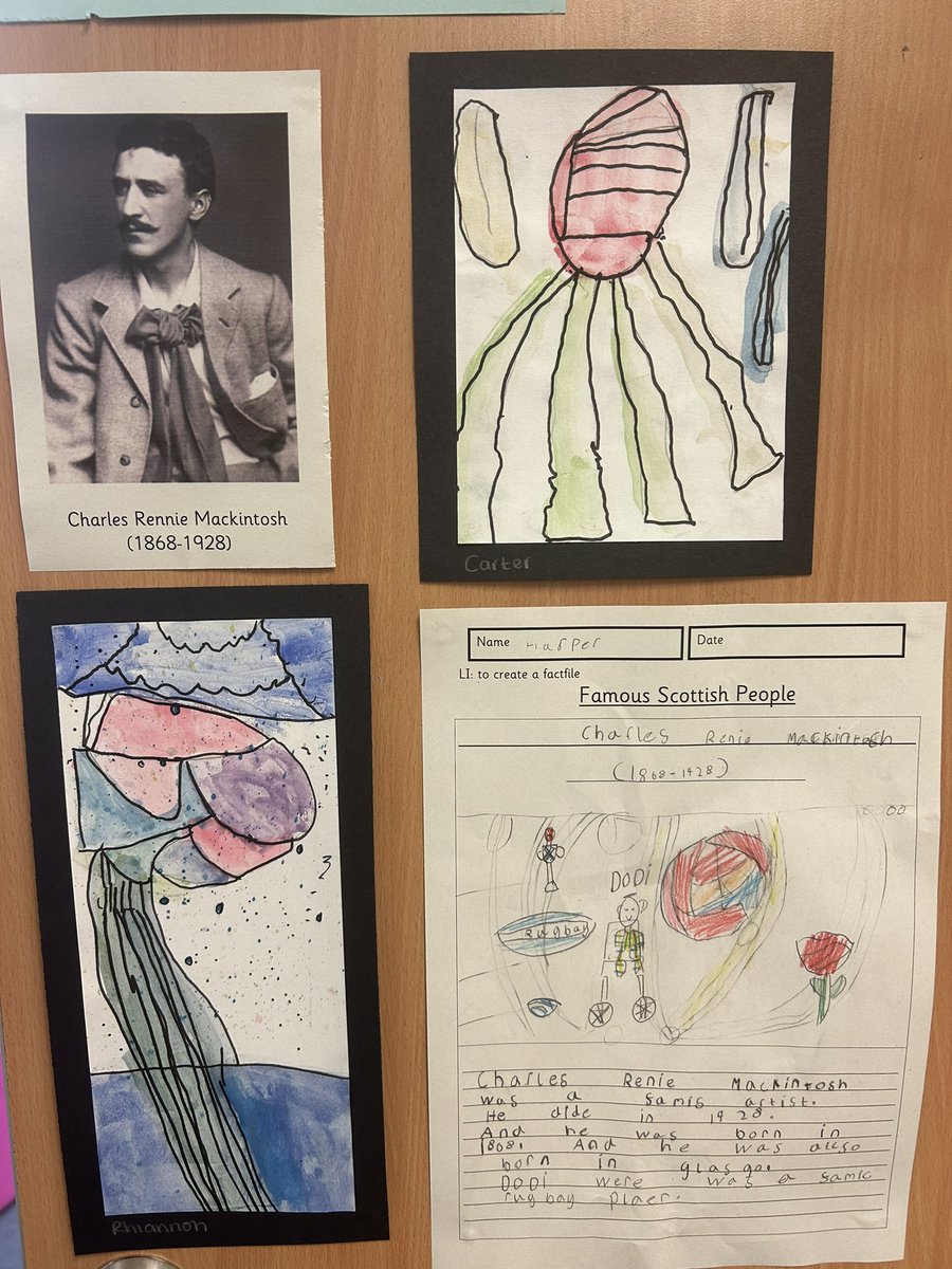 P2/1 are enjoying learning about famous Scots. This week we learned about #CharlesRennieMackintosh. We created our own artwork inspired by his style #IDL #artdisplay