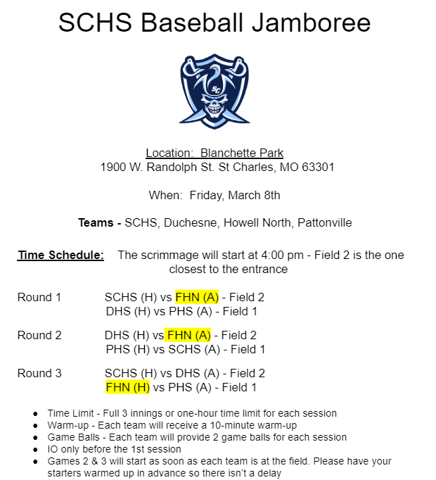 fhnorthbaseball's tweet photo. SCHS Jamboree today at Blanchette Park 4pm.  Starting lineups for all 3 games. https://t.co/pv5H15Cwkh