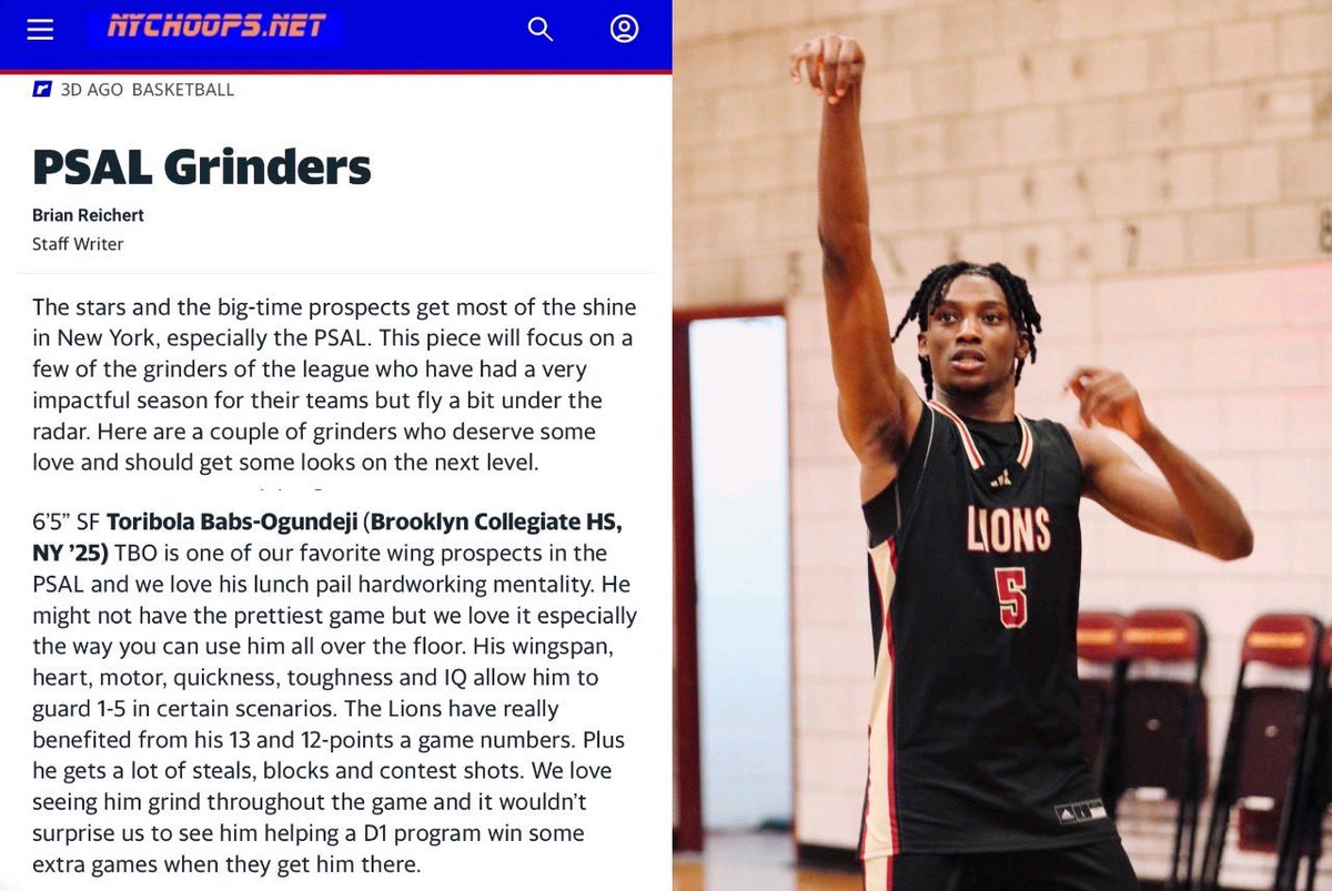 Brooklyn Collegiate (@bkcollegiate_bb) on Twitter photo 6โ5โ Wing Tori Babs <a href="/ToribolaO/">Toribola Babs-Ogundeji</a> is every college coaches dream! Tori is a fast-twitch, high motor Wing w/ a 7โ0โ wingspan and exceptional lateral quickness. He guards 1-4 at a high level.
Averaged 13pts, 14reb, 3ast, & 2.5blk
Elite defender. Great character. 3.2 GPA. 6โ5โ Wing Tori Babs <a href="/ToribolaO/">Toribola Babs-Ogundeji</a> is every college coaches dream! Tori is a fast-twitch, high motor Wing w/ a 7โ0โ wingspan and exceptional lateral quickness. He guards 1-4 at a high level.
Averaged 13pts, 14reb, 3ast, & 2.5blk
Elite defender. Great character. 3.2 GPA.