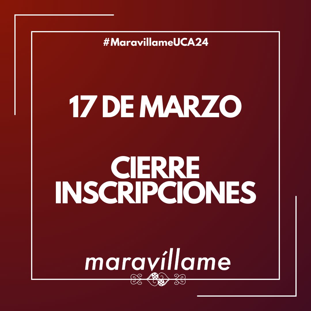 ¡El deadline para enviar tus cortos a Maravíllame se acerca!

Envía tu cortometraje hasta el 17 de marzo para participar en las categorías de ficción y documental.
 
Más info en nuestra web, disponible en la bio.

#MaravillameUCA24