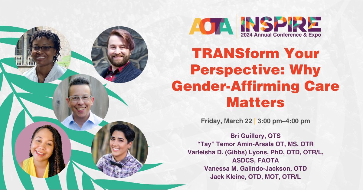 Transgender and gender-diverse (TGD) individuals face unique barriers that can result in occupational injustice. We’re excited for the “TRANSform Your Perspective” discussion at #AOTAINSPIRE24 where panelists will share their experiences! Find more: inspire.aota.org