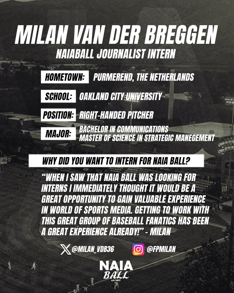 🚨 Please welcome our 2024 journalist intern, Milan van der Breggen! 

Milan is a pitcher from Oakland City University and is responsible for helping with weekly articles as well as understanding the process of baseball reporting!

Give him a follow! <a href="/milan_vdb36/">Milan van der Breggen</a> 
<a href="/OaklandCityBSB/">Oakland City University Baseball</a>