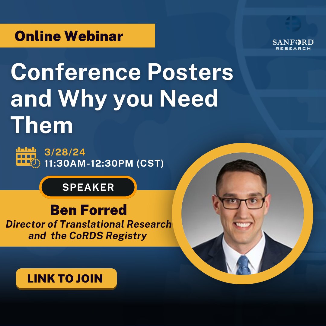 Join us in a part one of a two-part webinar series: Conference posters are an important communication tool researchers use to showcase their work and represent themselves. 

Webinar calendar invite:

sanfordhealth.webex.com/sanfordhealth/…