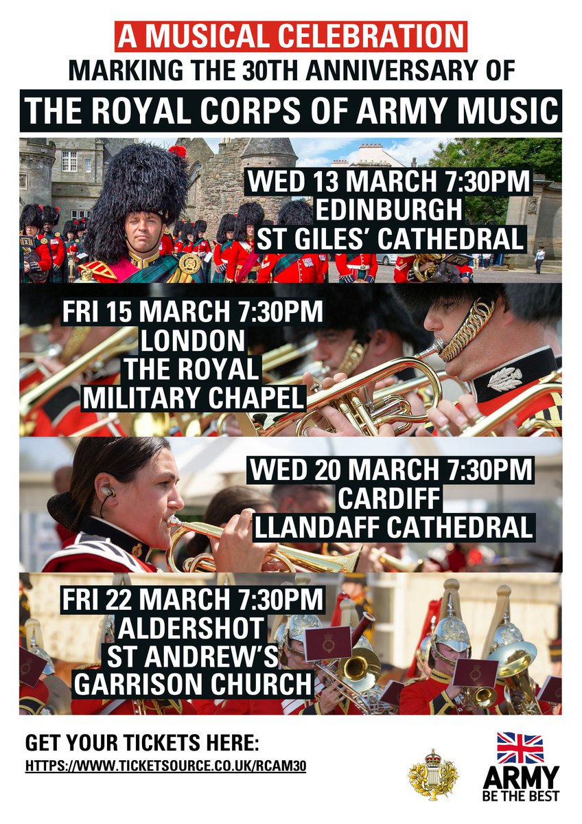One day to go until the first of our four concerts, celebrating 30 years of The Royal Corps of Army Music. Book your free tickets now 👉 ticketsource.co.uk/rcam30 @StGilesHighKirk @TheGuardsChapel @LlandaffCath