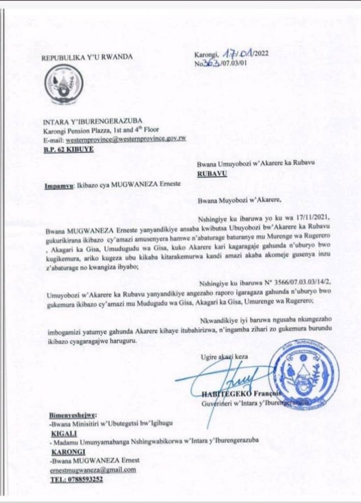 <a href="/PaulKagame/">Paul Kagame</a> <a href="/PrimatureRwanda/">Office of the PM | Rwanda</a> <a href="/RwandaLocalGov/">Ministry of Local Government | Rwanda</a> Honorable President of the Republic of Rwanda, as a citizen NDATAKAMBA, my family and I have been facing the problem of erosion and mud from Mount Rubavu for 11 years and nothing is being done to get rid of this danger.
