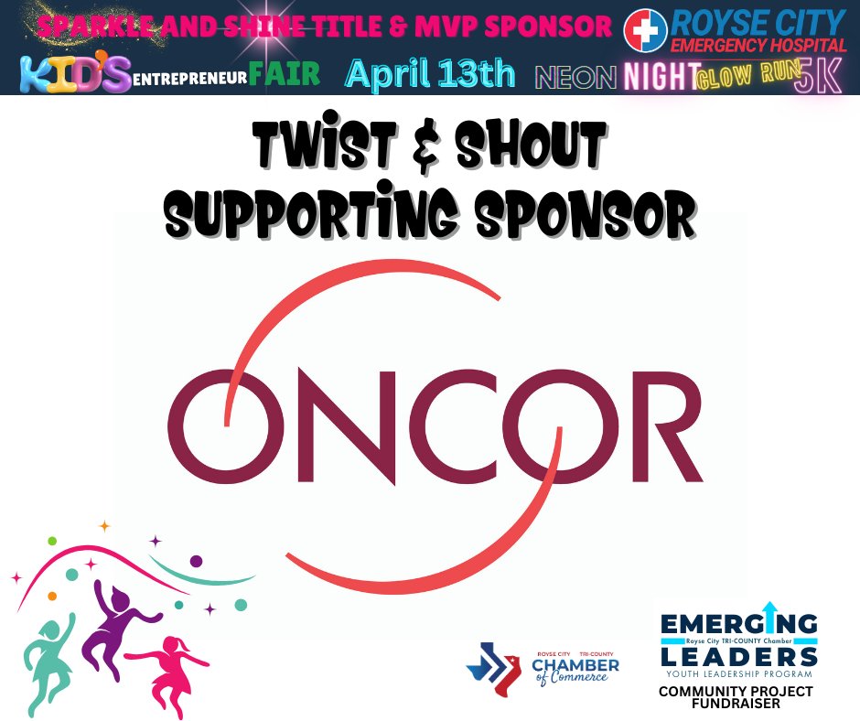 Thank you Oncor for supporting the Emerging Leader Program, their community project fundraiser and this community. We are thankful to have you as a Royse City Chamber Partner!
Kid Vendor Fair: cca.roysecitychamber.com/EvtListing.asp…
5K Sponsored by Smoothie King
runsignup.com/Race/TX/RoyseC…