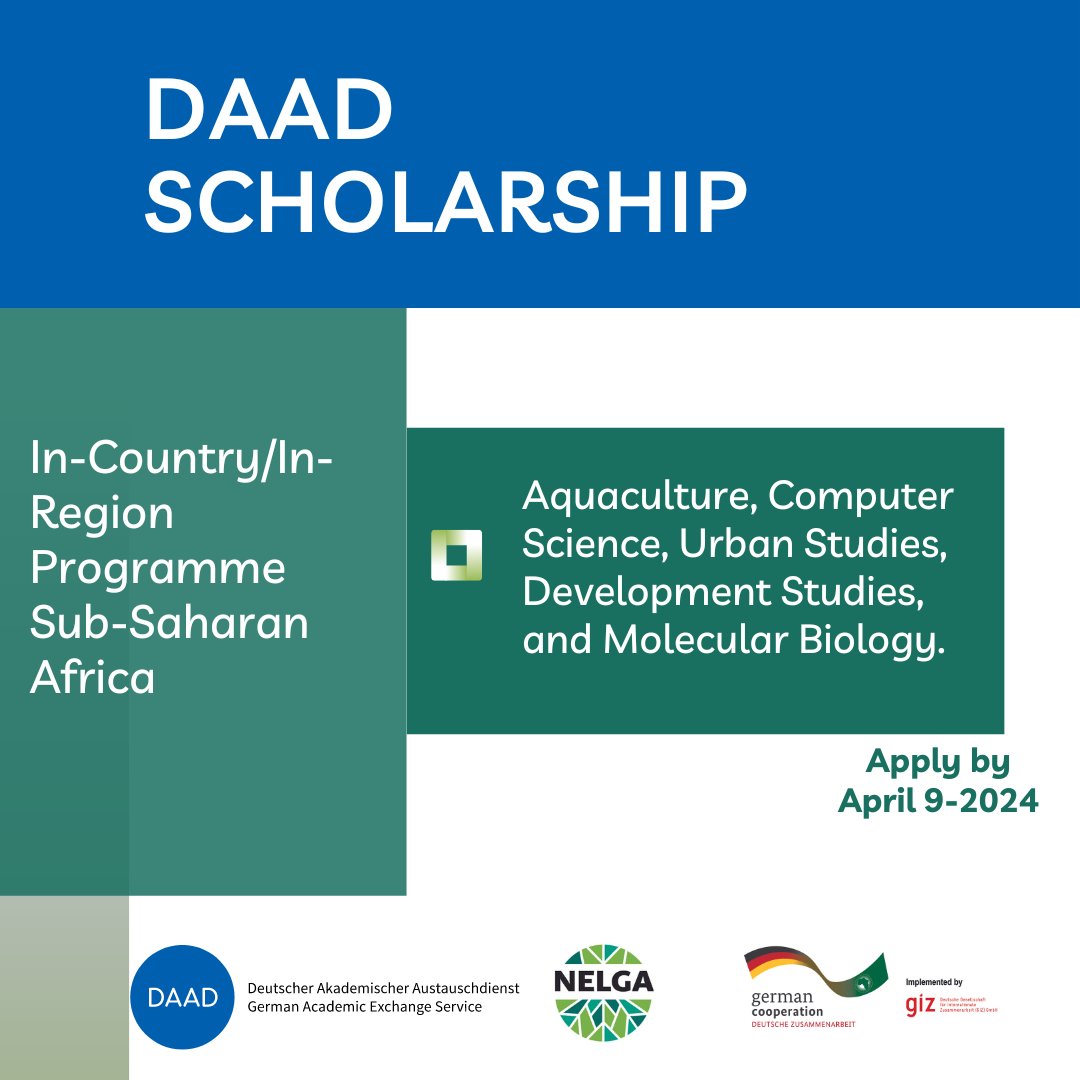 🌍 Don't miss out! DAAD is offering In-Country/In-Region scholarships for Master's and PhD programs in Sub-Saharan Africa! Disciplines include Aquaculture, Computer Science, Urban Studies, Development Studies, and Molecular Biology. Apply by April 9. www2.daad.de/deutschland/st…