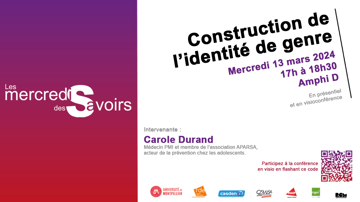 FacEducMtp's tweet image. Demain à la@FacEducMtp  à 17h 
Les Mercredis des Savoirs 
Projection d'un documentaire suivi de la conférence de Carole Durand, Médecin PMI
Sur la construction de l'Identité de genre

En présentiel ou en visio : cutt.ly/LwLU8YTP

#aparsa #fife @CemeaFr @mda_34