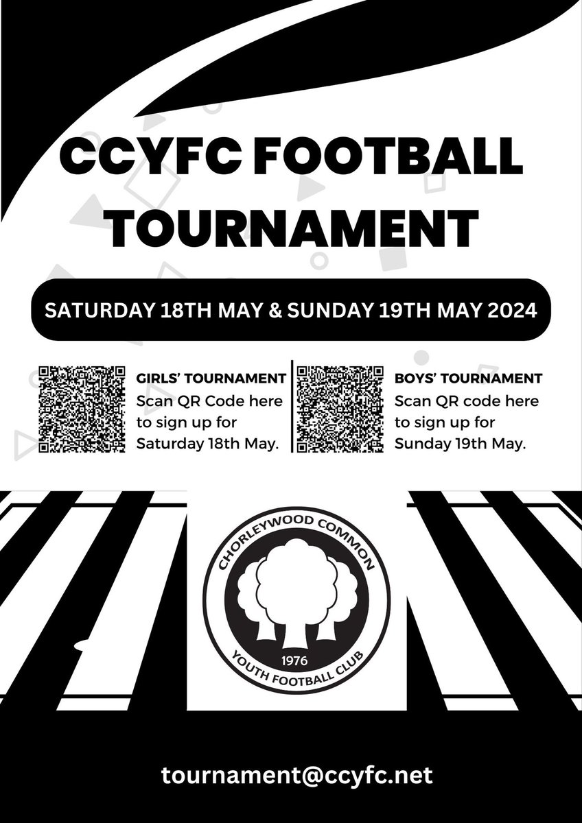 The CCYFC Tournament is BACK for 2024!
Girls' teams join us on Saturday 18th May: tournify.uk/live/ccyfcgirl…
Boys' teams join us on Sunday 19th May: tournify.uk/live/ccyfcboys…
We can't wait to see you there ⚽️
