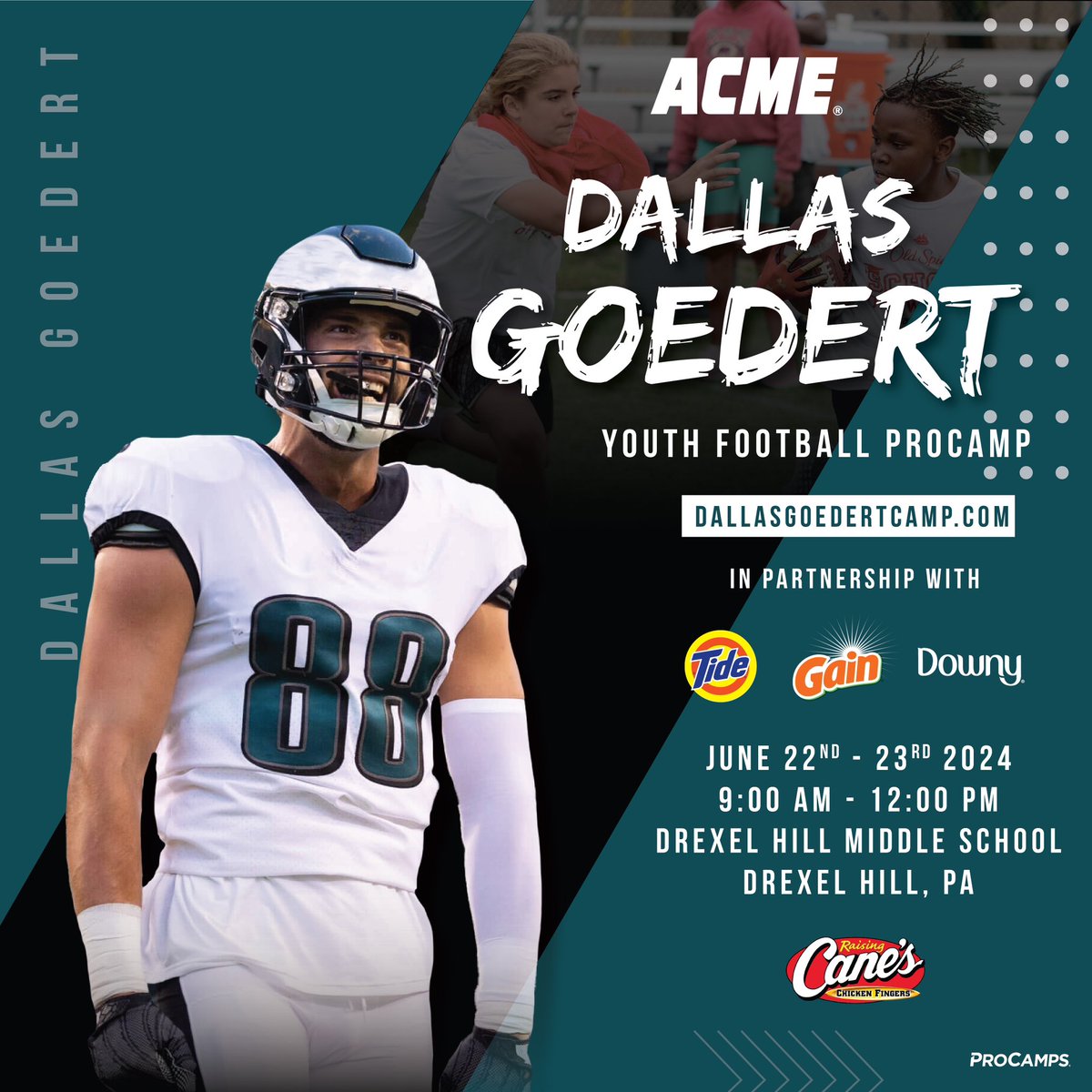 Dallas Goedert (@goedert33) on Twitter photo Philly Fam! 🦅 Come work with me! Registration for my <a href="/acmemarkets/">Acme Markets</a> Youth Football <a href="/ProCamps/">ProCamps</a> in partnership with <a href="/proctergamble/">Procter & Gamble</a> is now LIVE! 🏈 🔥 Spots are filling fast! Visit DallasGoedertCamp.com to register! Philly Fam! 🦅 Come work with me! Registration for my <a href="/acmemarkets/">Acme Markets</a> Youth Football <a href="/ProCamps/">ProCamps</a> in partnership with <a href="/proctergamble/">Procter & Gamble</a> is now LIVE! 🏈 🔥 Spots are filling fast! Visit DallasGoedertCamp.com to register!