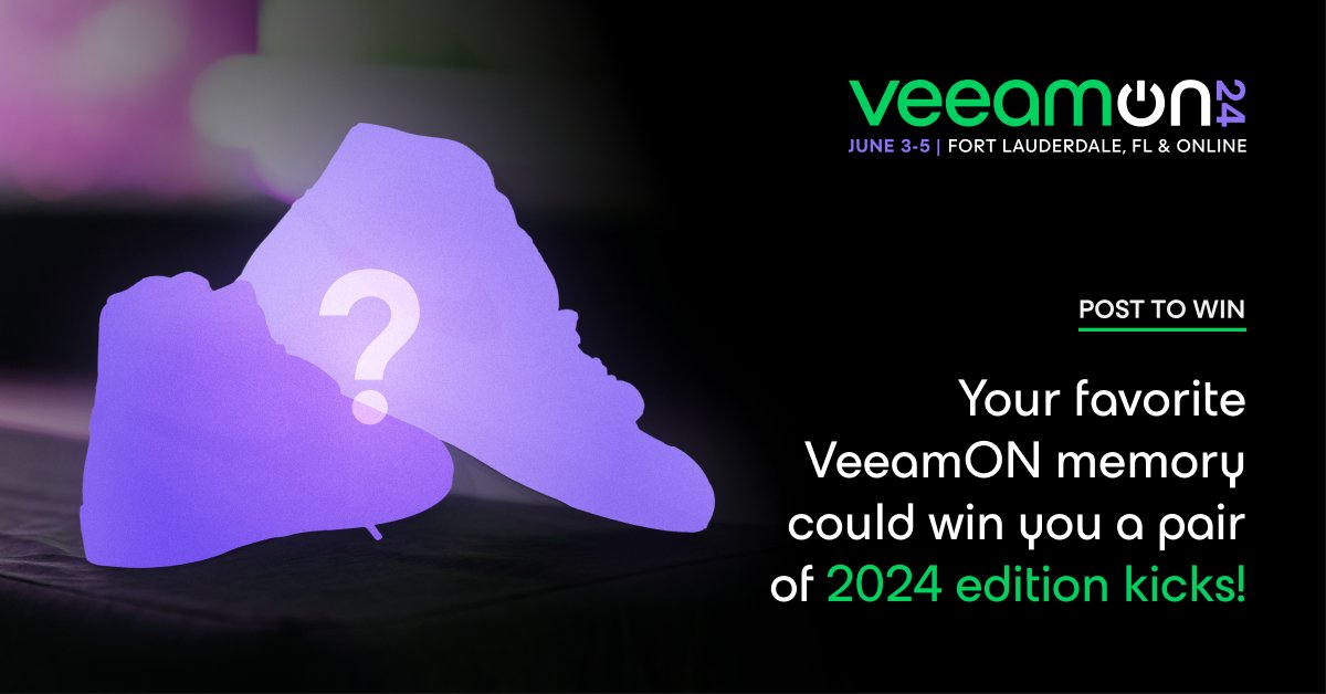 Veeam's tweet photo. Itโs time to dust off your #VeeamON memories for a chance to win a new pair of custom #Veeam kicks. ๐ Share your favorite memory with #BounceForwardThrowback in the comments (Bonus if you include a pic!). https://t.co/Te8ajgVzs8 https://t.co/YK5sgRuf7r