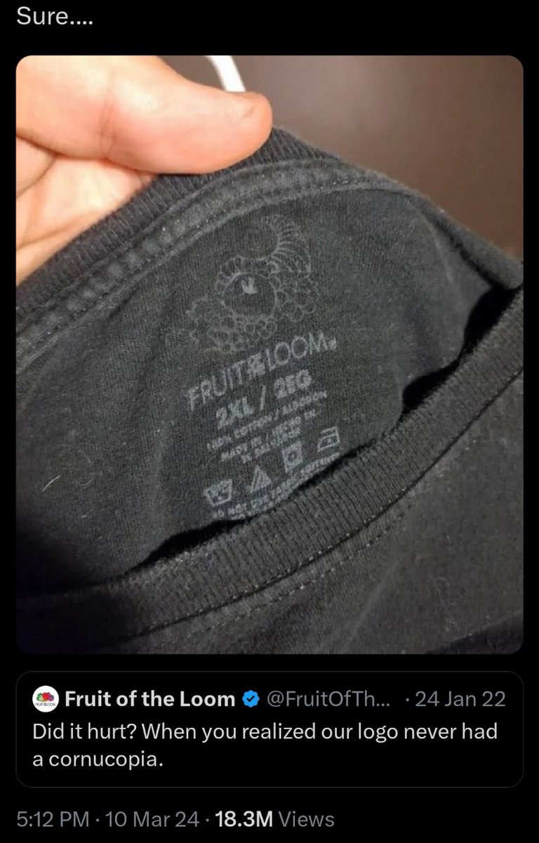 ElizabethPDove's tweet image. Mandela Effect

The Mandela effect refers to a situation in which a large mass of people believes that an event occurred when it did not.

Many people remember that the Fruit of the Loom logo contained a cornucopia. Fruit of the Loom says this is false. 

Regardless of what you…